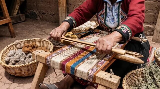 Indigenous woman weaving colorful fabric on traditional loom with natural wool with culture