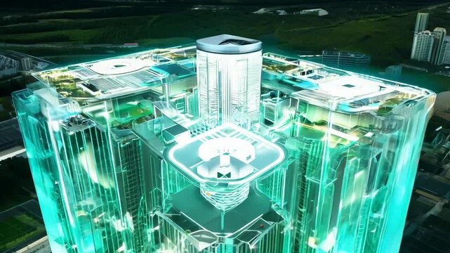 A sleek, futuristic architectural design showcasing transparent, illuminated structures that emphasize digital innovation and cybernetic themes. the glowing elements and modern aesthetics convey a sen