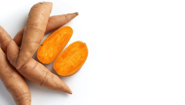 Whole and sliced sweet potatoes displayed on a white surface, highlighting natural carbohydrate sources