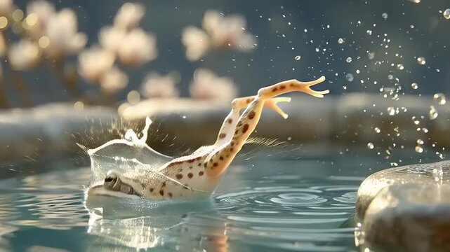 Frog leaping into water with splashing droplets, capturing a dynamic moment in a serene aquatic environment