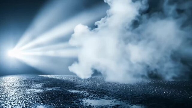 A dramatic and abstract scene unfolds with a powerful spotlight casting bright, luminous beams across a dark, textured surface. Thick, billowy smoke or vapor swirls dynamically into the frame, creatin