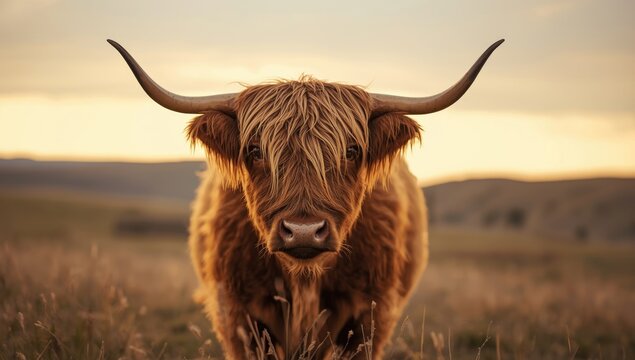 Close-up of a Highland cow during sunset, emphasizing its coarse coat and horns, ideal for wildlife backgrounds - Powered by Adobe