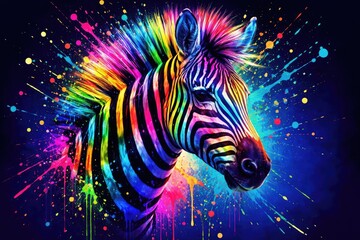 Fototapeta premium Multicolor neon zebra head depiction with abstract paint splatter over blue backdrop