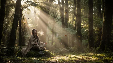 Tissu par mètre  Woman meditates calmly on mossy rock in a sunlit forest.  © Adrian