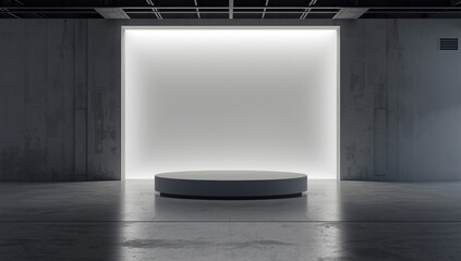 Minimalist grey abstract stage or podium with designated space for product display against a plain illuminated wall, suitable for UI backdrop