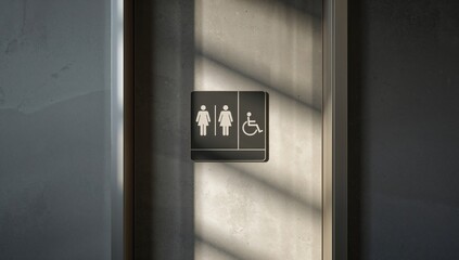 Public restroom sign with gender and accessibility icons, used for facility identification