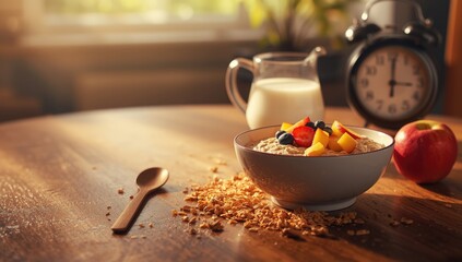 Detailed view of a cereal dish featuring oats and sliced fruits, suitable for nutritious breakfast layouts