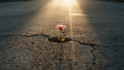 A flower emerging through concrete pavement, illustrating resilience in harsh environments, Earth Day