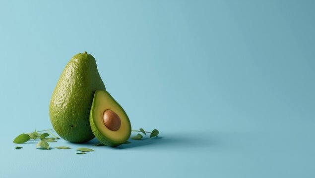 Fresh green avocado sliced on a vibrant blue background, emphasizing fruit freshness for culinary use, summer health