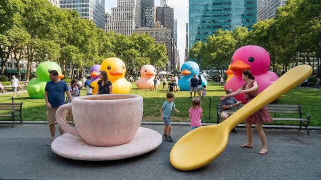Giant inflatable rubber ducks and oversized tea cup and spoon installation in a sunny