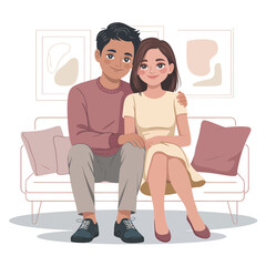 Obraz premium A loving couple sitting on a sofa with abstract art in the background, sharing a sweet moment