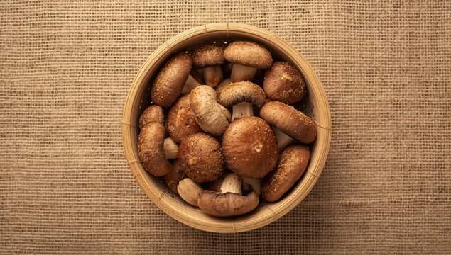 Fresh shiitake mushrooms placed in a bamboo colander over textured burlap, emphasizing natural drying process