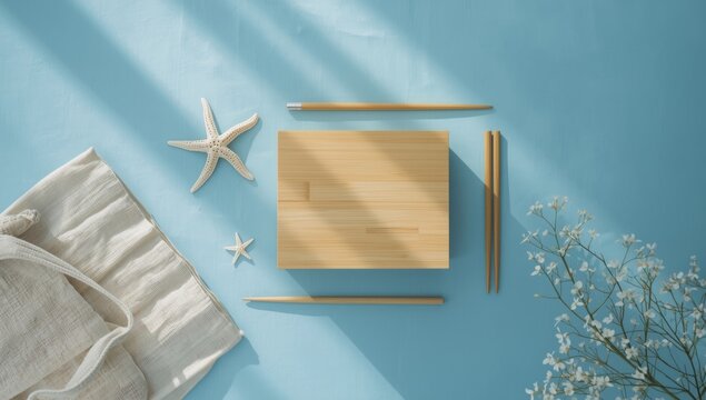 Reusable lunch container with bamboo utensils and textile carry bag, flat lay on blue paper surface highlighting sustainable food packing