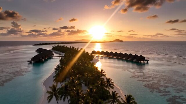 A sunset casts a warm glow over the tranquil ocean, highlighting the rows of overwater bungalows. These bungalows and the sunset create a serene tropical paradise by the water.