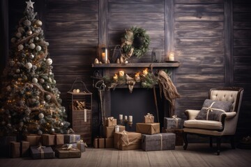 Fototapeta premium Decorated christmas tree, fireplace, and armchair creating a warm holiday atmosphere with winter gifts