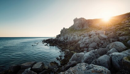 Norwegian archipelago cove with aged stones and rocks functioning as a scenic background for editorial headers