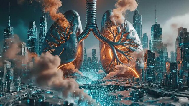 Futuristic Cityscape with Massive Artificial Heart Over Industrial Skyline
