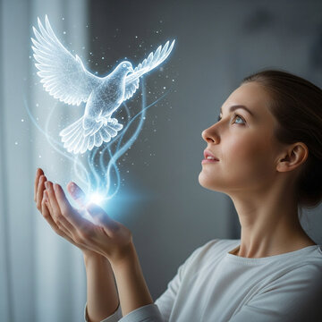 Femme avec un hologramme de  colombe s'envolant des mains, style pentecote
