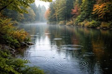 Obraz premium Soft raindrops initiating graceful ripples on a still lake bordered by vibrant forest trees