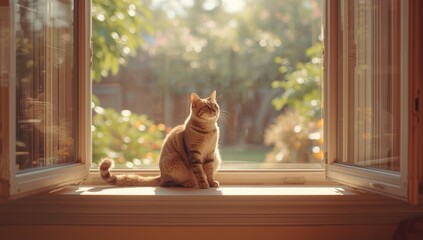 Feline resting on a window ledge, highlighting leisure and outdoor view appreciation