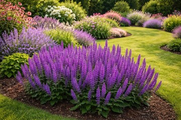 Naklejka premium Purple flowering plants blossoming in a well kept garden