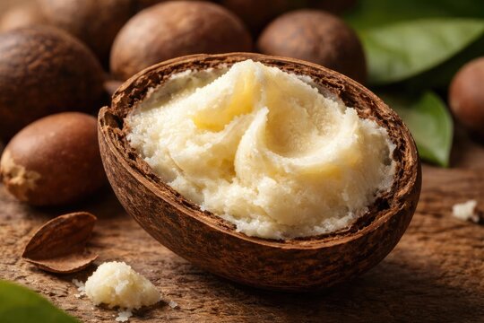 Shea nut half opened displaying velvety shea butter interior