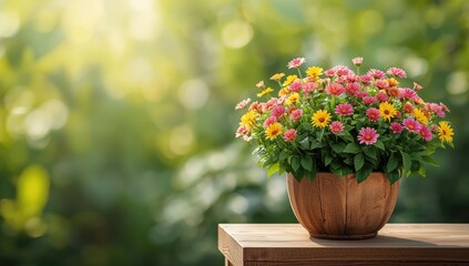 Vibrant floral display in a wooden container with pink, yellow, and lush green plants, ideal for seasonal gardening