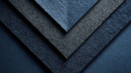 Abstract composition featuring overlapping layers of dark blue and charcoal textured material creating a dynamic chevron pattern against a deep indigo backdrop