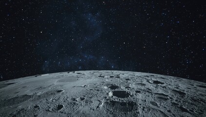 Cratered lunar terrain set against a starry sky in outer space, highlighting space exploration and planetary features