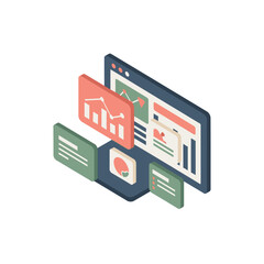 Isometric digital dashboard with charts and graphs for business analytics.