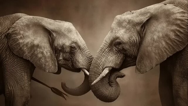Elephants touch trunks in a close encounter captured with a warm sepia toned artistic aesthetic.