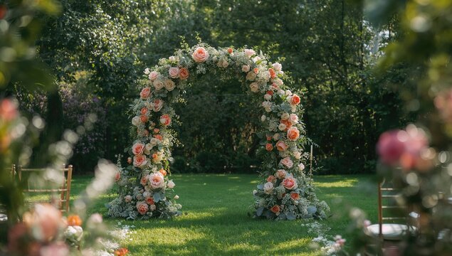 A floral arch frames the aisle in a backyard wedding, ideal for event setup and decoration