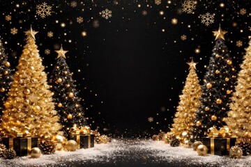 Golden and black Christmas trees on black backdrop with snowflakes for New Year celebration concept and copy space