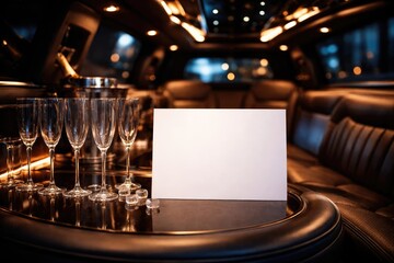 Limousine interior styling with empty champagne glasses and a blank copy space for textual content