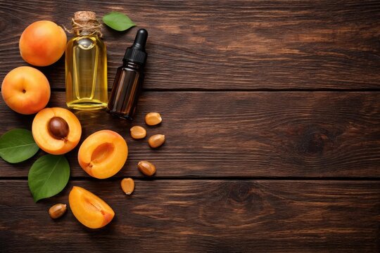 Top angle of apricot kernel oil and fruit aroma bottle on dark wood planks with copy space