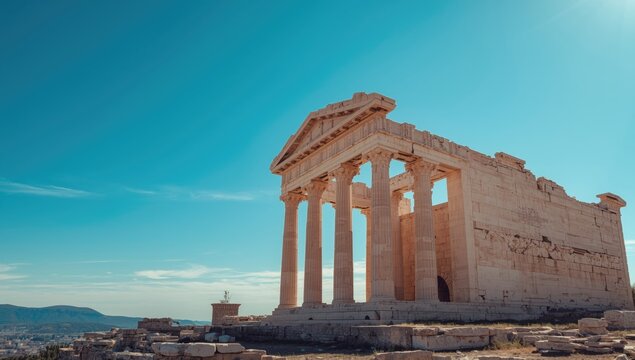Weathered marble structure of a historic temple under a clear sky, highlighting archaeological significance and tourism