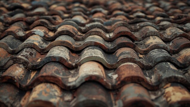 Rustic roof tile stack with textured, weathered surfaces in an overlapping layout, emphasizing maintenance and durability