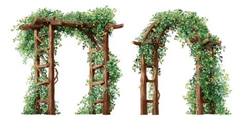 Digital illustration of two wooden garden archways, covered in lush green vines and foliage