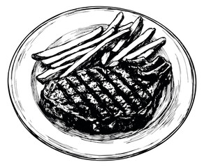 Hand drawn line art illustration of a steak and french fries on a plate depicting a cooked meal for food service design