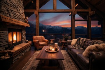 Fototapeta premium Cozy living room with a lit fireplace and large windows viewing a mountain sunset