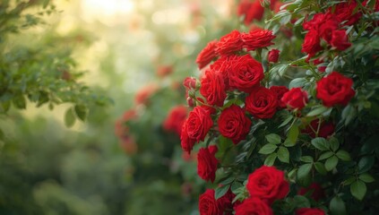 Scarlet red roses on bush in a garden setting, with selective focus and blurred background, suitable for botanical themes