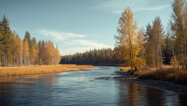 Siberian larch trees along a river in autumn in northern Evenkia, illustrating natural landscape dynamics