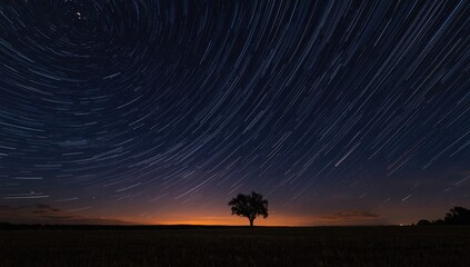 Obraz premium Star Trails in Dillon background, abstract night sky with trees and landscape, highlighting summer outdoor activities, World Night Sky Day