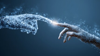 Digitized hand extends to touch a real human hand, with ethereal particles