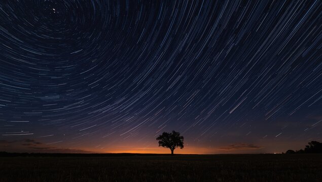 Star Trails in Dillon background, abstract night sky with trees and landscape, highlighting summer outdoor activities, World Night Sky Day - Powered by Adobe