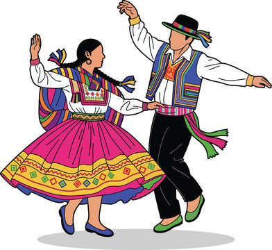 A vibrant flat vector illustration of a Peruvian man and woman in traditional dress performing a folk dance, isolated on a white background.