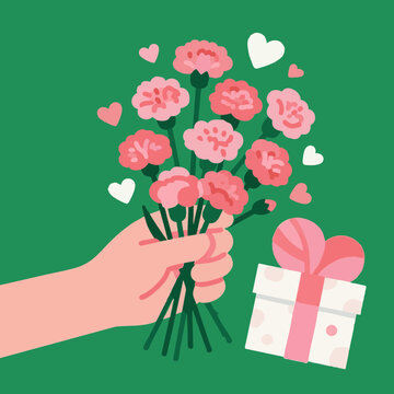 A bouquet of pink carnations perfect for Mother's Day. Illustrated with a gentle touch. Soft. Gratitude. Surprise. Gift. Present.