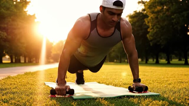 A man performs push-ups on a green mat in a sunlit park, surrounded by trees. This man and the sunlit park create a vibrant outdoor setting for fitness and exercise.