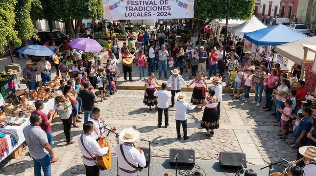 Traditional festival in a sunny town square with people dancing and musicians playing