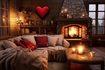 Fototapeta premium Warm and inviting cabin interior featuring a fireplace, sofa, and glowing heart symbol, creating a romantic atmosphere